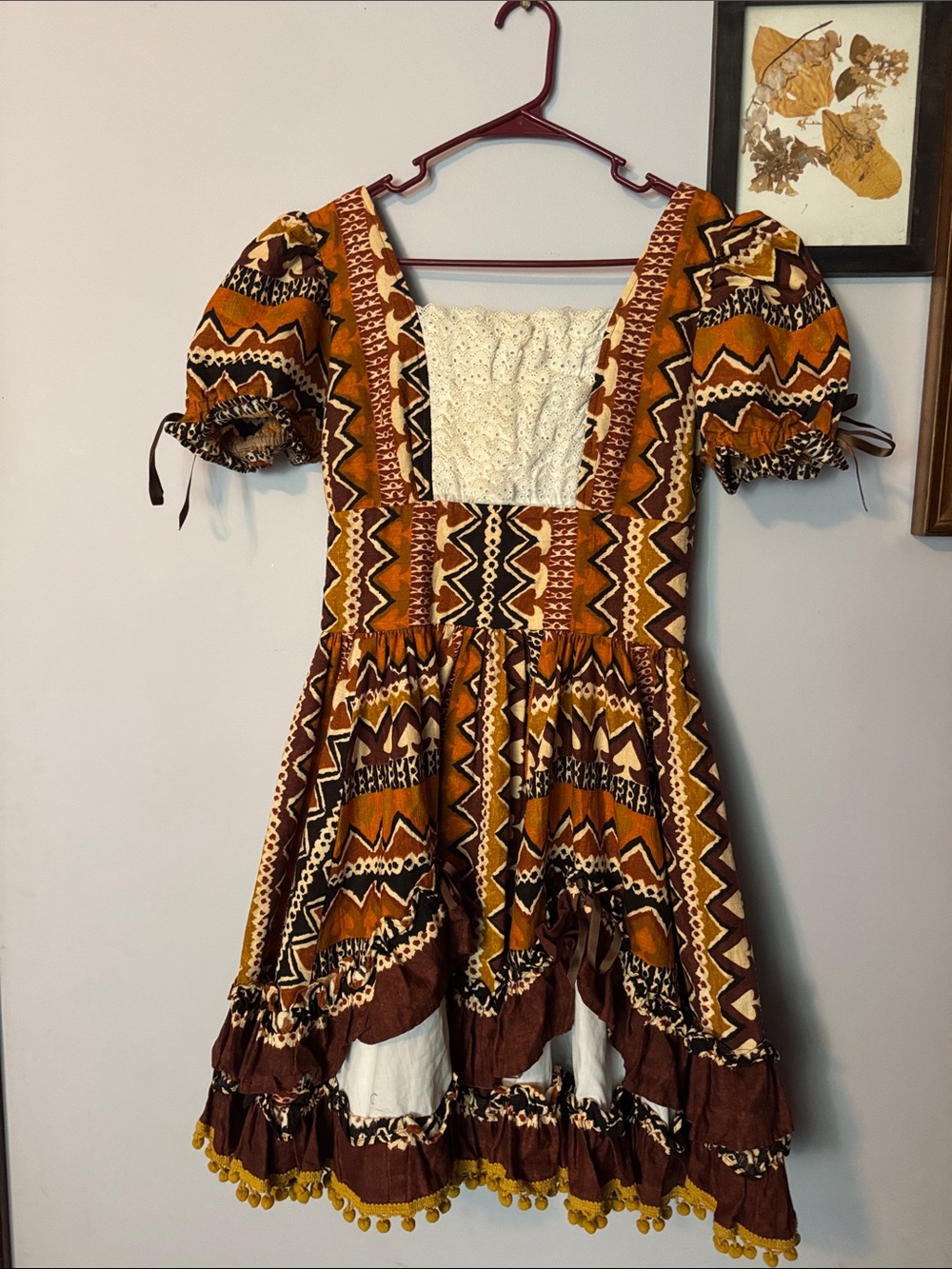 Boho Puff Sleeve Mini Dress in Warm Rust Print
